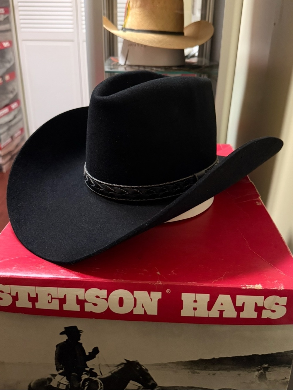 Vintage Stetson 3X Beaver Black Felt Western Cowboy Hat with Braided Band 70s